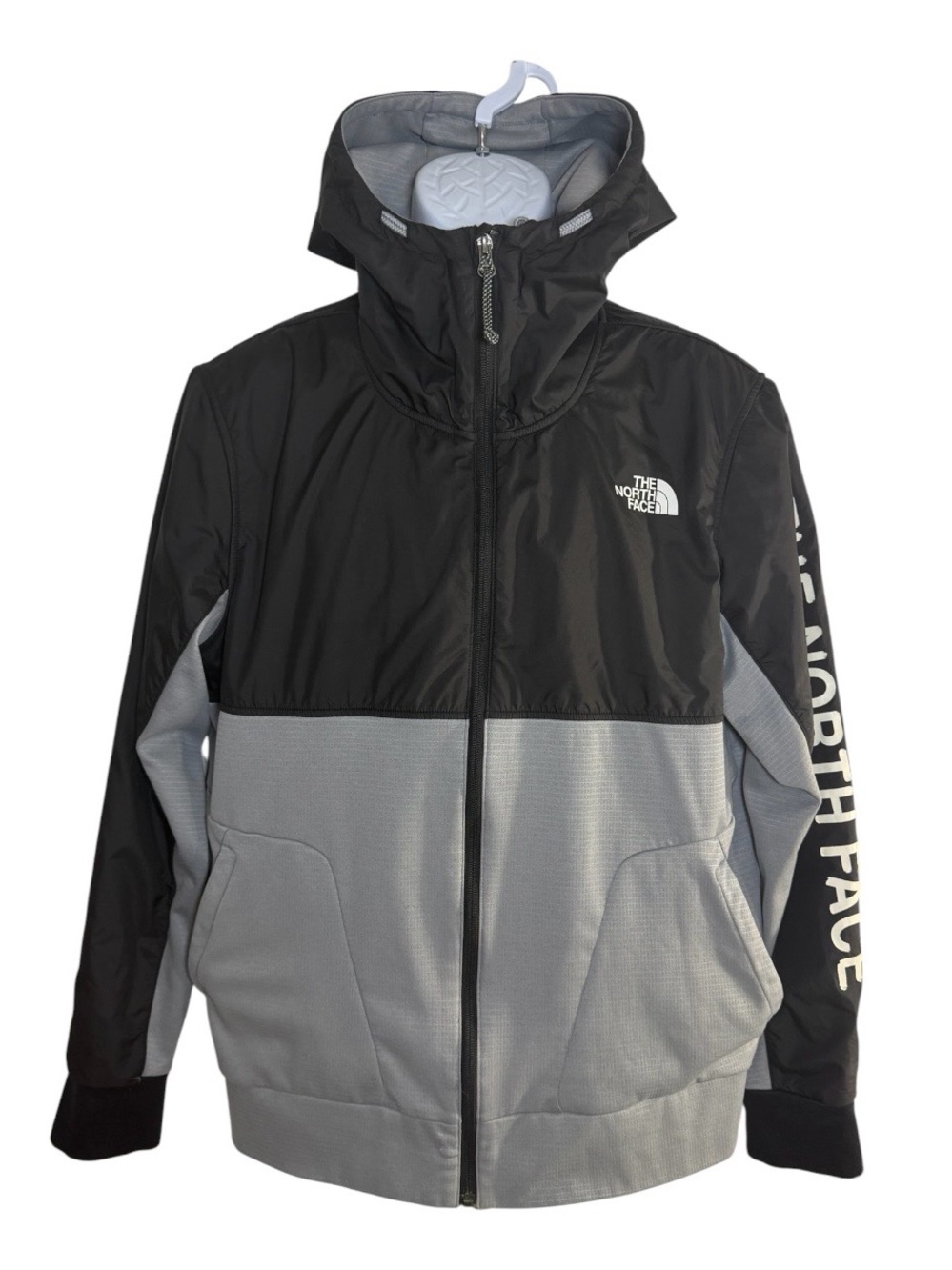 The North Face Black Gray Colorblock Hooded Jacket Mens L Full Zip Fleece